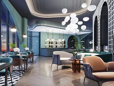 Elegant Modern Restaurant Interior Design With Comfortable Seating Green Plants And Pendant Lights 3d model