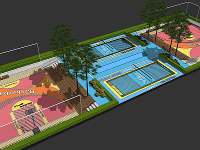 Outdoor Sports Fitness Area With Swimming Pools Running Track And Green Trees 3d model