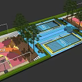 Outdoor Sports Fitness Area With Swimming Pools Running Track And Green Trees