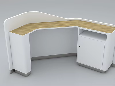 Modern L Shaped White Reception Desk With Wooden Top And Cabinet 3d model