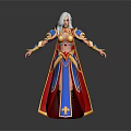 White Haired Female Fantasy Character In Blue Red Robe With Golden Trim And Yellow Patterns