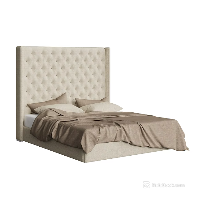 Elegant Double Bed With Tufted Beige Headboard Light Brown Bedding And Cream Pillows 3d model