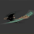 Wing Shaped Glowing Green Bladed Weapon With Golden Decor And Gemstone