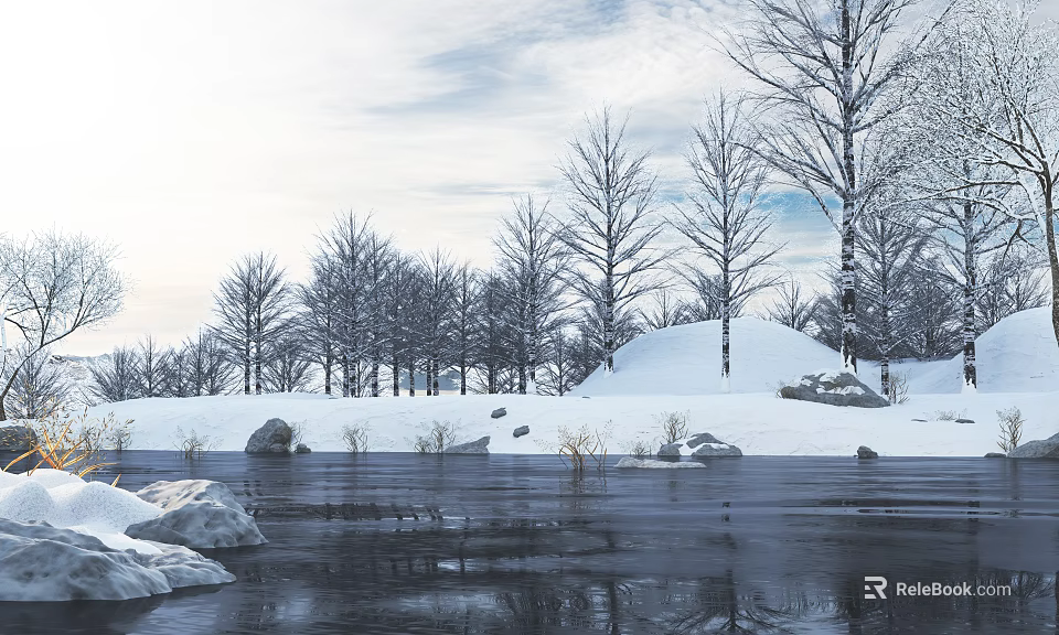 Snowy Winter Landscape With Frozen Lake Snow Covered Trees And Stone Shore 3d model 