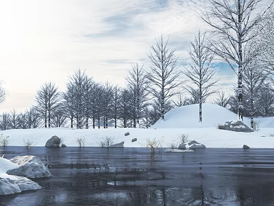 Snowy Winter Landscape With Frozen Lake Snow Covered Trees And Stone Shore 3d model