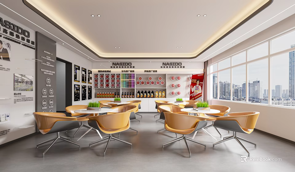 Bright Spacious 4S Store Customer Lounge With Comfortable Seats And Neat Auto Related Product Displays 3d model 