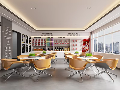 Bright Spacious 4S Store Customer Lounge With Comfortable Seats And Neat Auto Related Product Displays 3d model