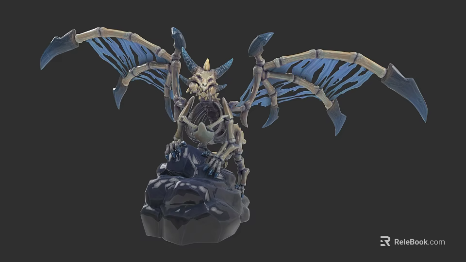 Mystical Skeleton Dragon With Blue Wings And Rock Base 3d model