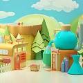 Modern Cartoon Outdoor Scene With Colorful House Trees Balloons Cart And Bottles