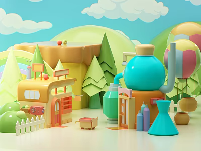Modern Cartoon Outdoor Scene With Colorful House Trees Balloons Cart And Bottles 3d model