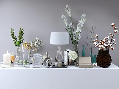Decorative Ornament Set With Candle Holders Vases Green Plants And Table Lamp On White Tabletop 3d model