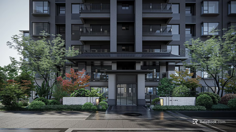 Modern Building Entrance Design With Glass Doors Green Plants Outdoor Lighting And Dark Facade 3d model 