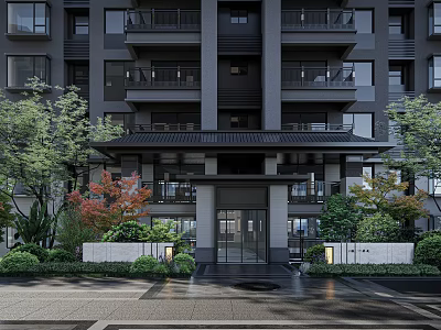 Modern Building Entrance Design With Glass Doors Green Plants Outdoor Lighting And Dark Facade 3d model
