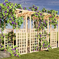 Wooden Pergola Covered With Green Vines Purple Grapes Stone Path Grass Lawn Wicker Basket
