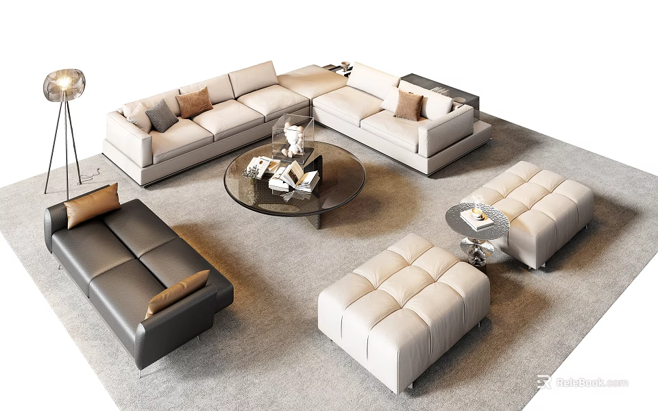 Modern Sectional Sofa and Coffee Table Set Beige Black Round Glass Top Ottomans Floor Lamp 3d model 