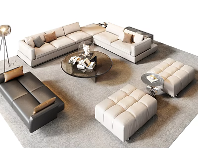 Modern Sectional Sofa and Coffee Table Set Beige Black Round Glass Top Ottomans Floor Lamp 3d model