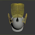 Metallic Helmet With Yellow Feather Top Side Structures And Red Dots