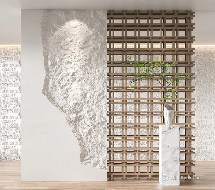 Elegant Wooden Grid Partition Interior With Green Plant And Marble Stand 3d model 