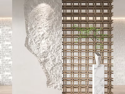Elegant Wooden Grid Partition Interior With Green Plant And Marble Stand 3d model