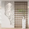 Elegant Wooden Grid Partition Interior With Green Plant And Marble Stand