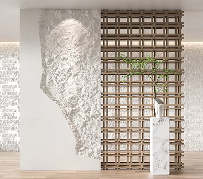 Elegant Wooden Grid Partition Interior With Green Plant And Marble Stand 3d model