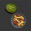 Fresh Watermelon With Mixed Fruits In Glass Bowl On Table Surface