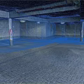 Underground Parking Garage With Gray Paved Floor Red White Striped Columns And Ceiling Lights