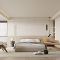 Modern Bedroom Interior With Beige Bed Wooden Headboard White Chair And Open Wardrobe