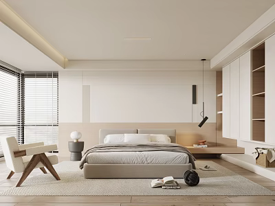 Modern Bedroom Interior With Beige Bed Wooden Headboard White Chair And Open Wardrobe 3d model