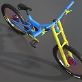 Blue and Yellow Downhill Mountain Bike With Large Tires Blue Frame Yellow Fork