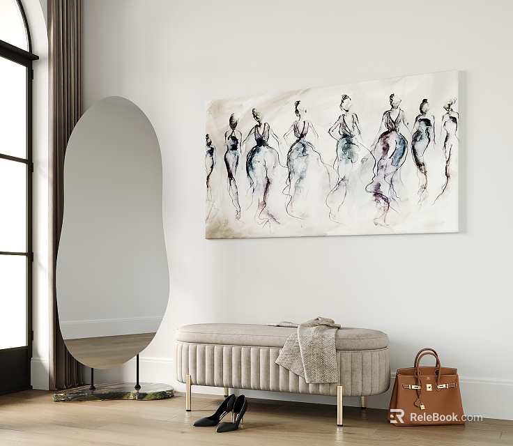 Light Colored Striped Sofa Bench With Round Mirror And Painting Near Brown Bag 3d model 