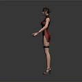 Woman Wearing Red Cheongsam with Short Hair Standing in Elegant Pose and High Heels