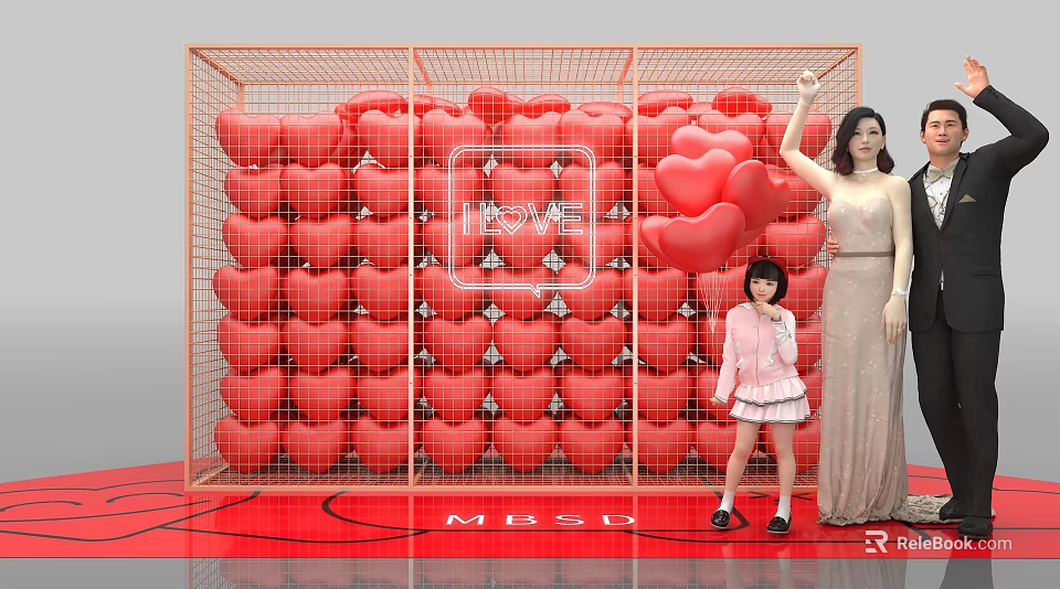 Red Heart Balloons Decor Grid Frame With LOVE Sign Woman And Child Near MBS Logo 3d model 