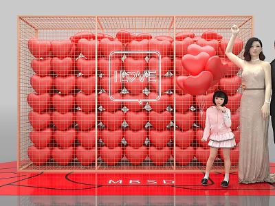 Red Heart Balloons Decor Grid Frame With LOVE Sign Woman And Child Near MBS Logo 3d model