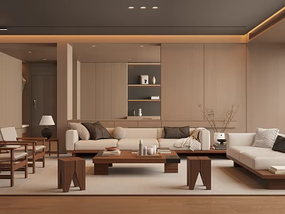 Modern Living Room Interior With Open Design Beige Sofa Wooden Coffee Table And Decor 3d model