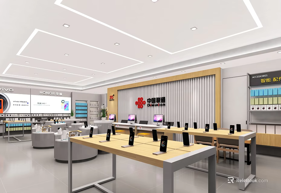 Huawei Authorized Digital Store Interior With Mobile Phones On Wooden Display Tables And Bright Lighting 3d model 