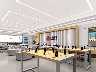 Huawei Authorized Digital Store Interior With Mobile Phones On Wooden Display Tables And Bright Lighting 3d model