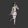 Game Movie Character Wearing White Nurse Outfit with Red Accents Black Hair Holding Red Heart