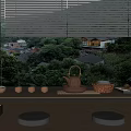 Traditional Tea Set on Wooden Shelf With Rainy Window Bamboo Blinds and Green Garden View
