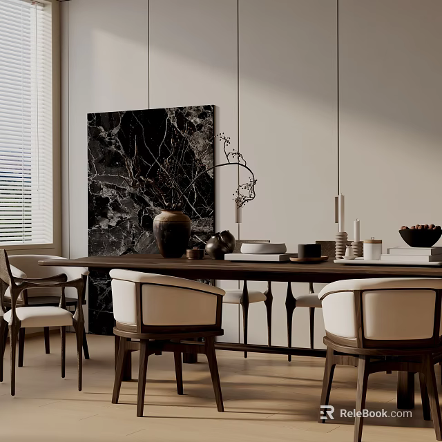Modern Dining Table Set With Beige Chairs Black Marble Painting Clay Vase And Candle Holders 3d model 