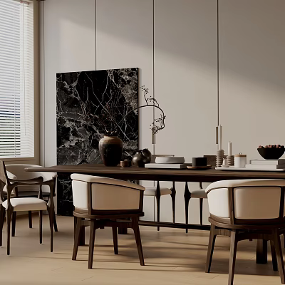 Modern Dining Table Set With Beige Chairs Black Marble Painting Clay Vase And Candle Holders 3d model