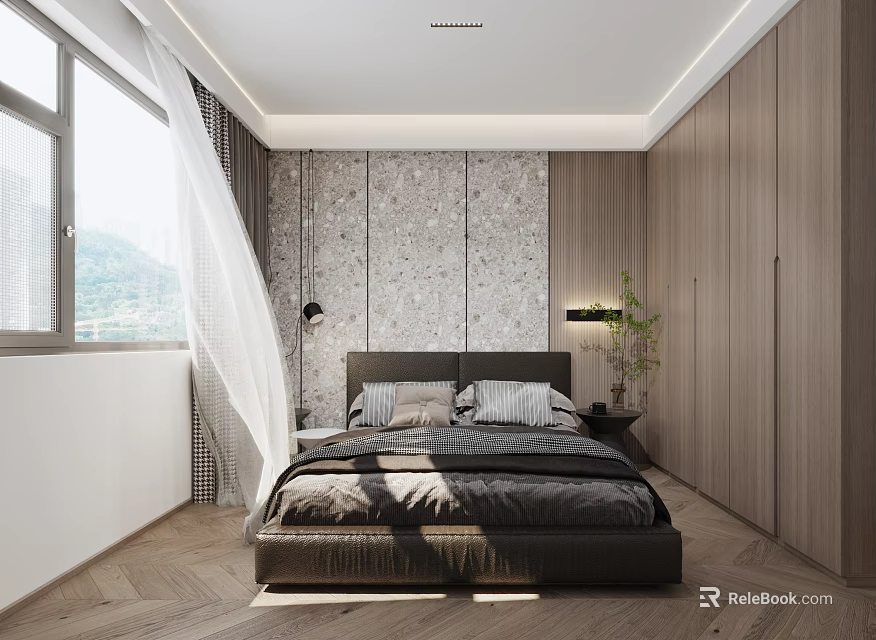 Modern Bedroom Interior Design With Wooden Cabinets Textured Wall Natural Light Window And Bedside Plant 3d model 