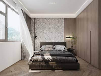Modern Bedroom Interior Design With Wooden Cabinets Textured Wall Natural Light Window And Bedside Plant 3d model