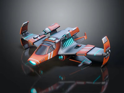 Futuristic Fighter Jet with Orange Gray Body Blue Lights Wings and Thrusters Design 3d model