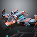 Futuristic Fighter Jet with Orange Gray Body Blue Lights Wings and Thrusters Design