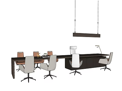 Modern Office Desk Setup With Ergonomic Chairs And Hanging Pendant Light 3d model