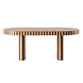 Wooden Striped Coffee Table With Oval Tabletop And Cylindrical Legs Design