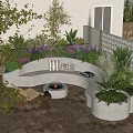 Residential Landscape With Circular Fire Pit Curved White Bench Cushions Green Plants Purple Flowers