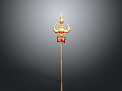 Ornate Golden Trident Weapon with Three Pronged Head Red Decorative Plaque and Shaft 3d model