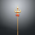 Ornate Golden Trident Weapon with Three Pronged Head Red Decorative Plaque and Shaft